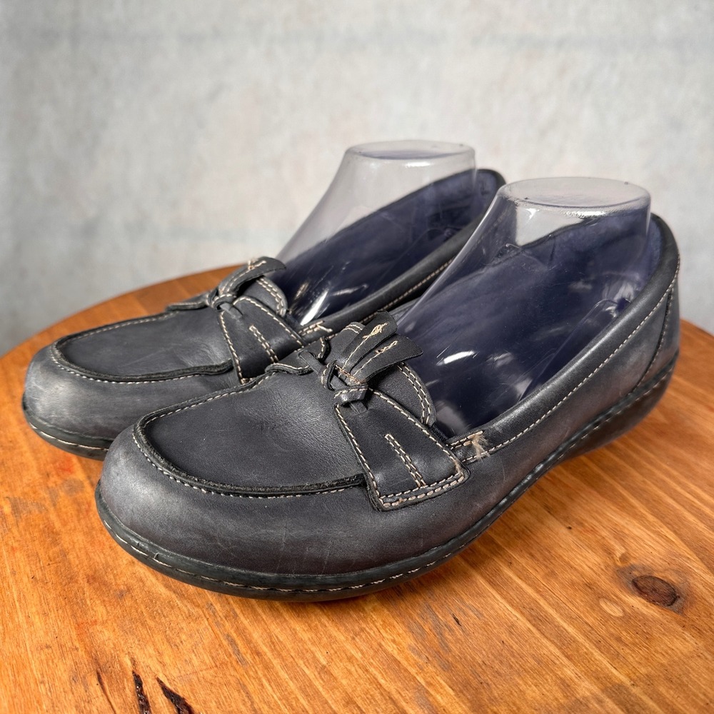 Clarks Collection Loafers Womens 10 Navy Blue Good Leather Slip On Bow 26067332